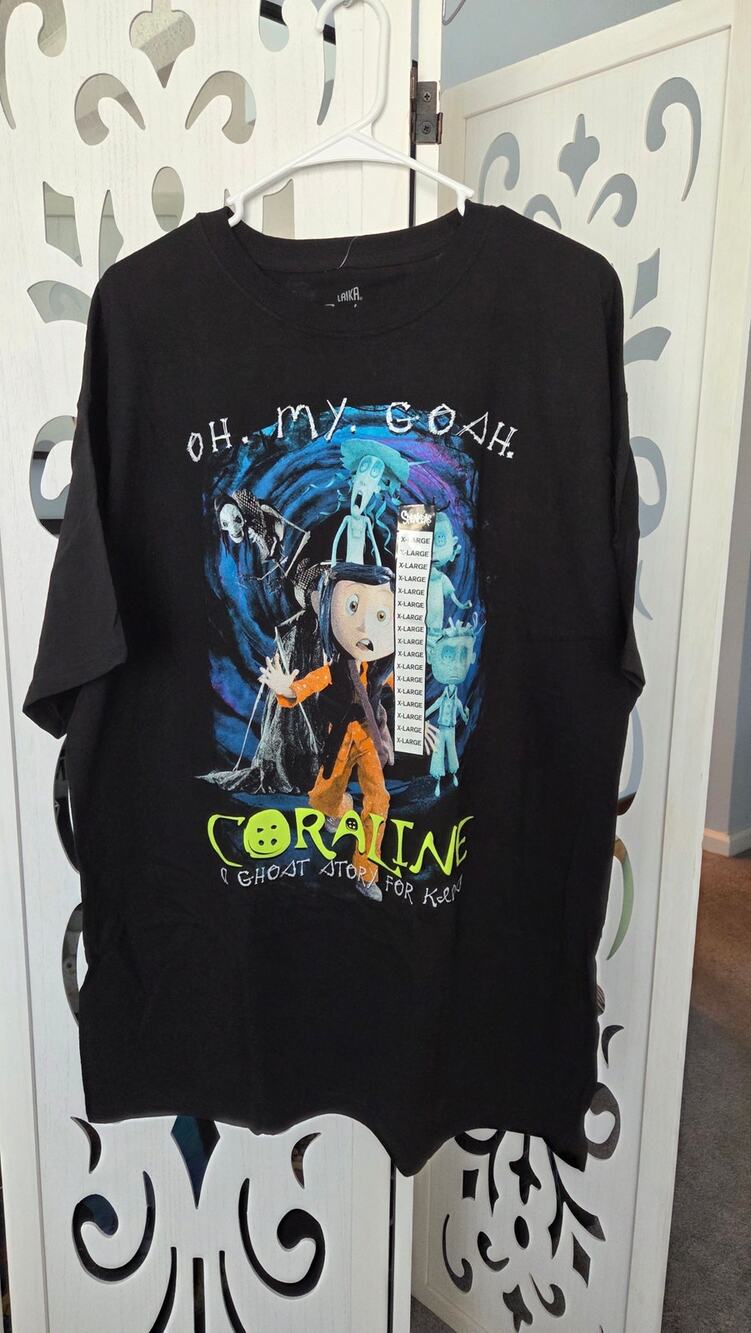 Coraline Oh My Gosh Graphic T-Shirt XL LAIKA Movie Tee Ghost Story NWT Black